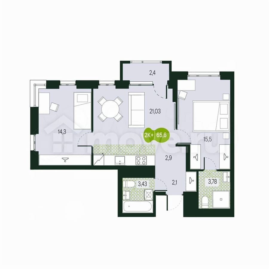 3-комн. квартира, 65.6 м²