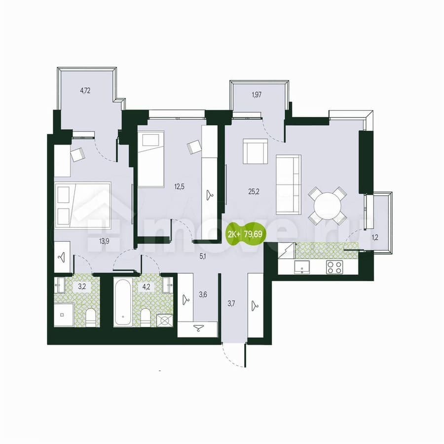 3-комн. квартира, 79.7 м²