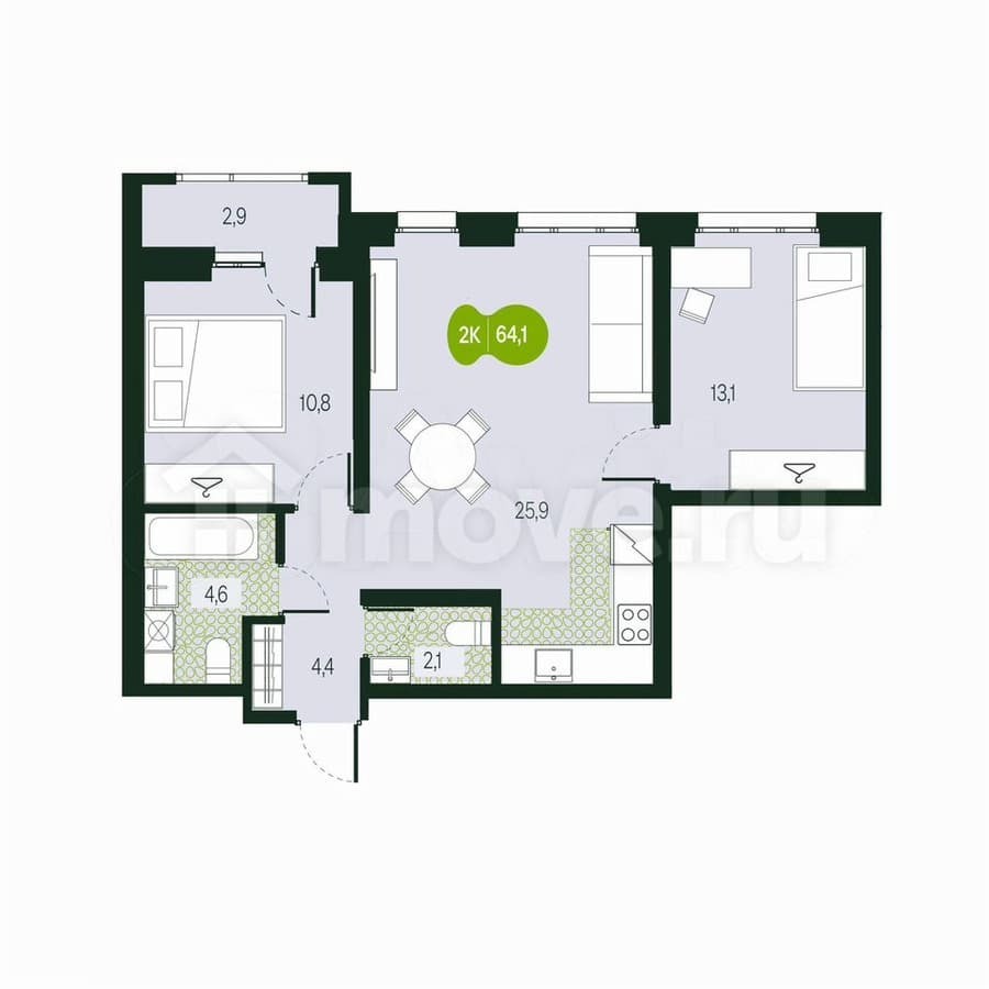 3-комн. квартира, 64.1 м²
