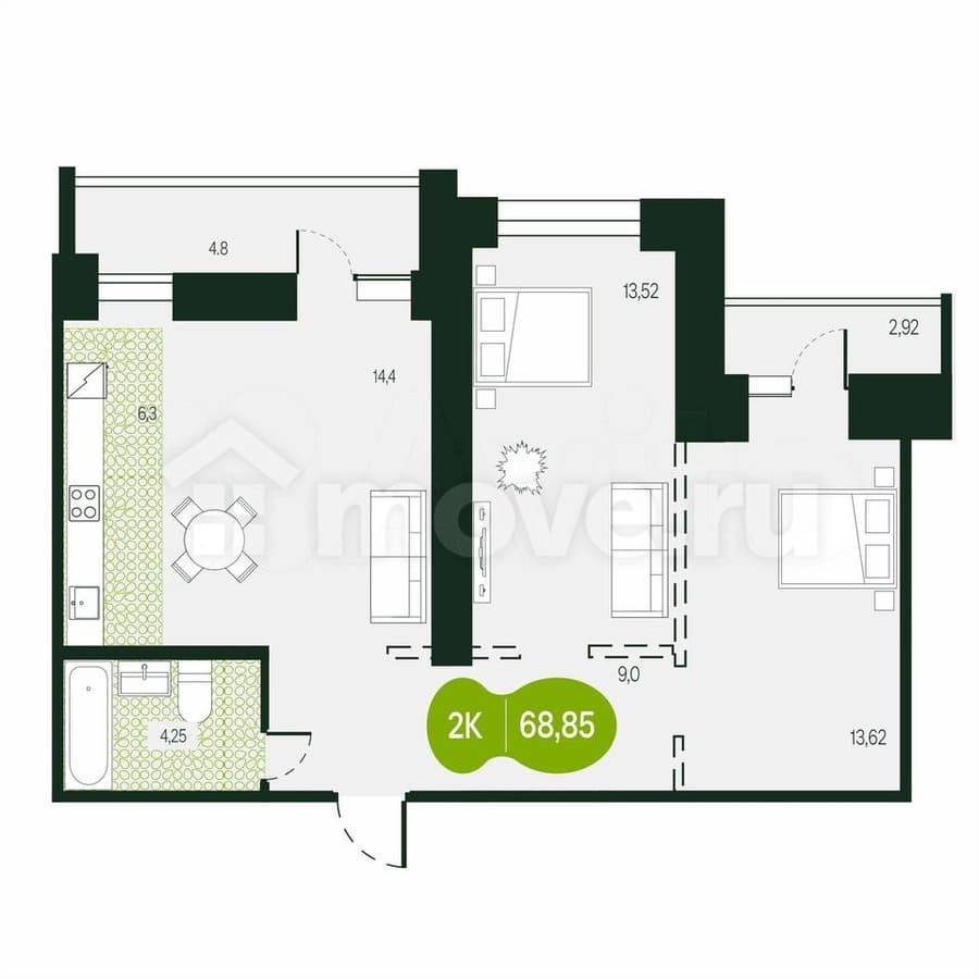 2-комн. квартира, 68.9 м²