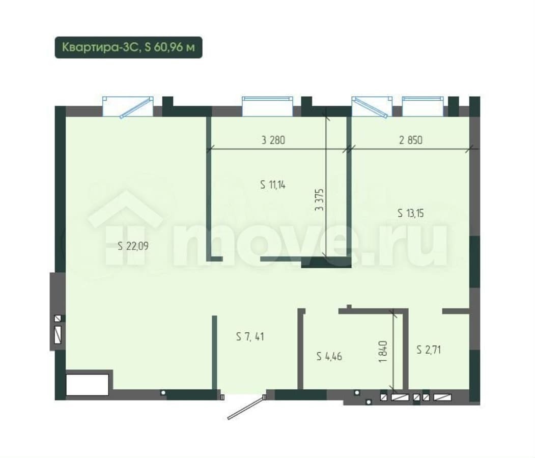 3-комн. квартира, 61 м²