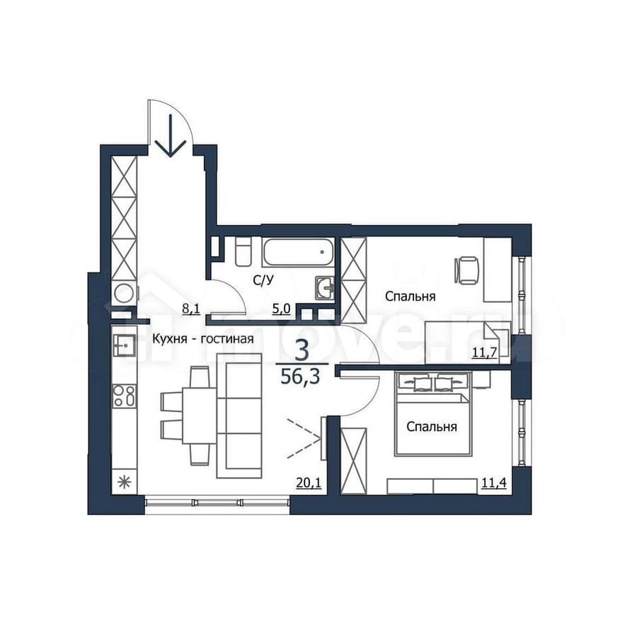 3-комн. квартира, 56.3 м²