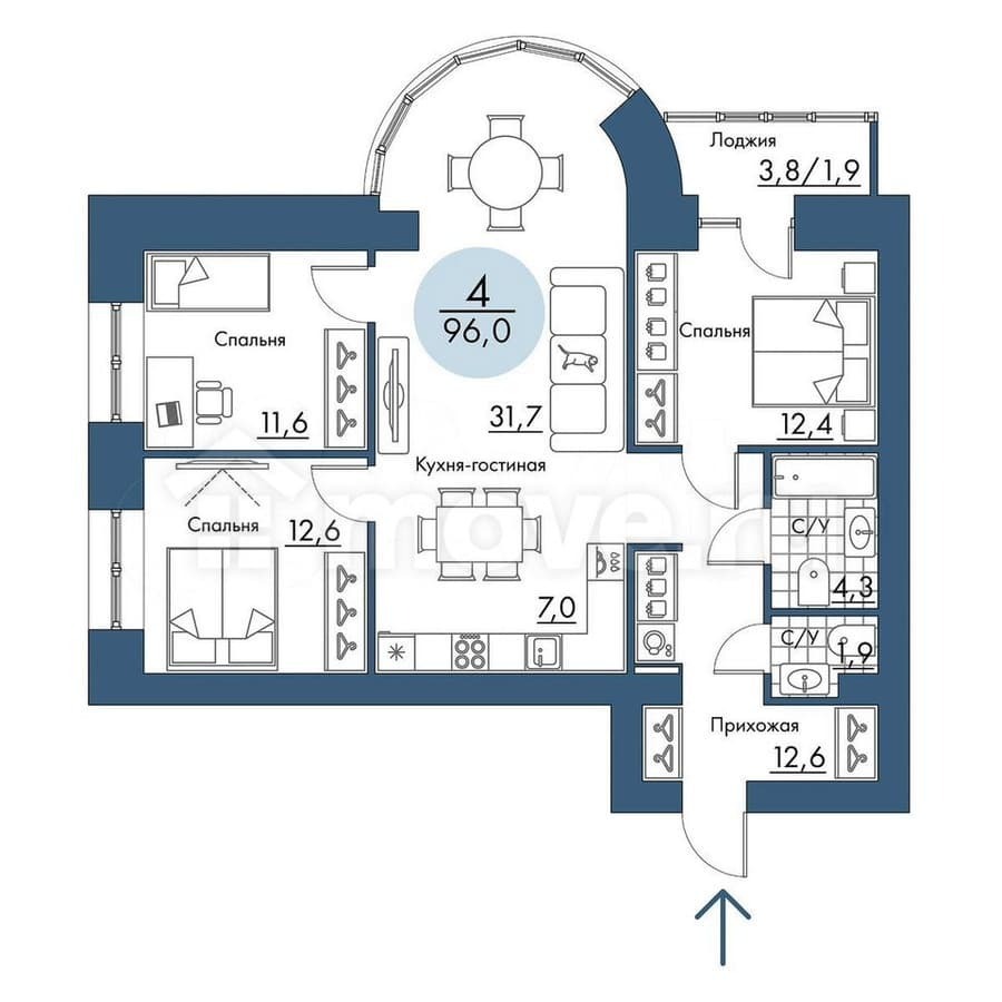 4-комн. квартира, 96 м²