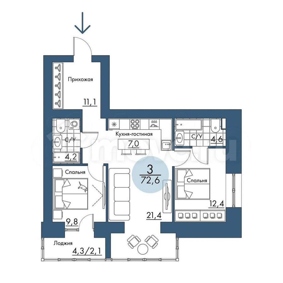 3-комн. квартира, 72.6 м²