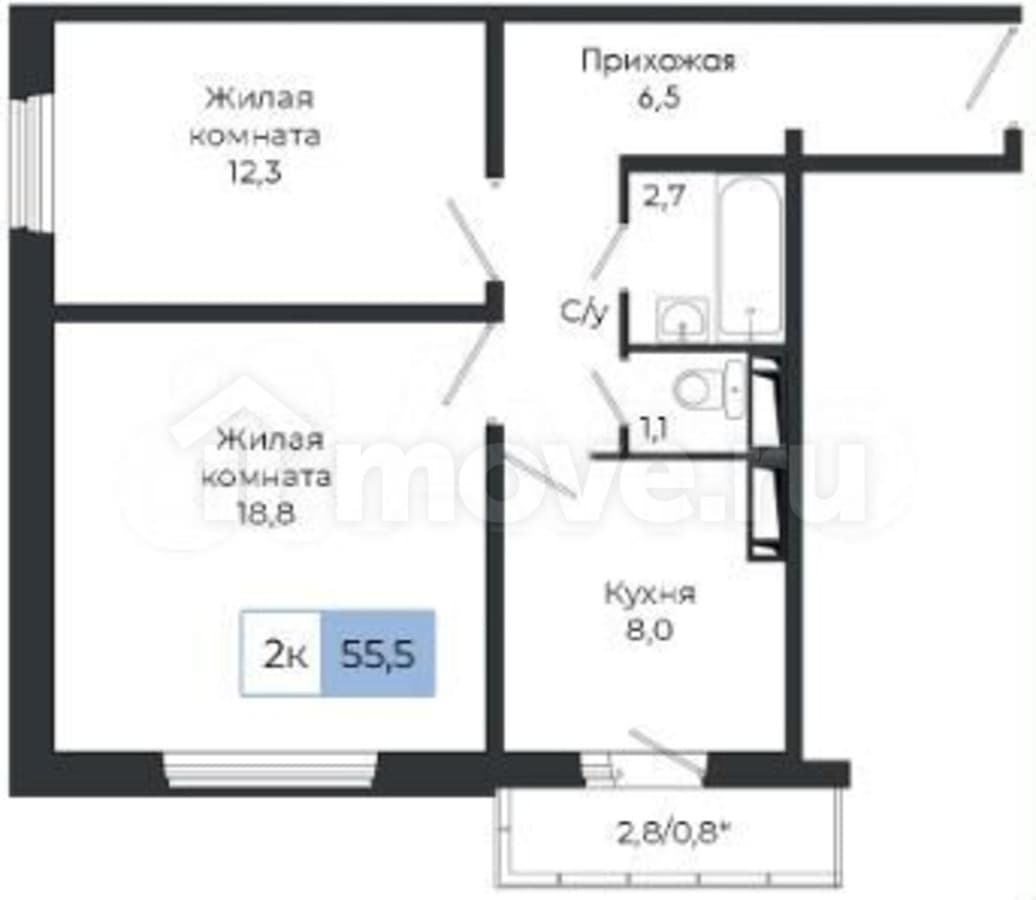 2-комн. квартира, 53.5 м²