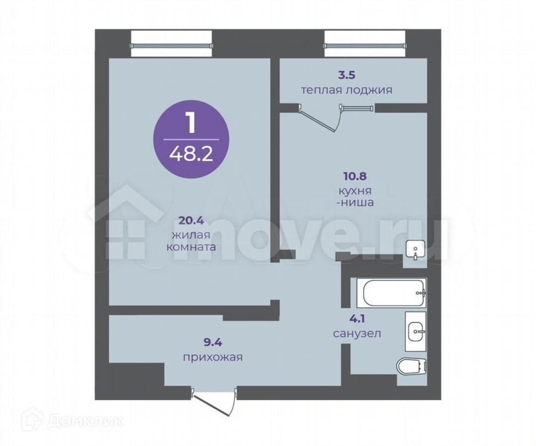 1-комн. квартира, 48.2 м²