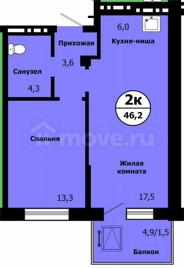 студия, 45.6 м²