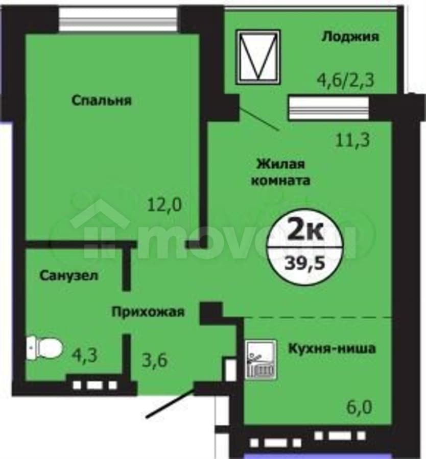 студия, 39.5 м²