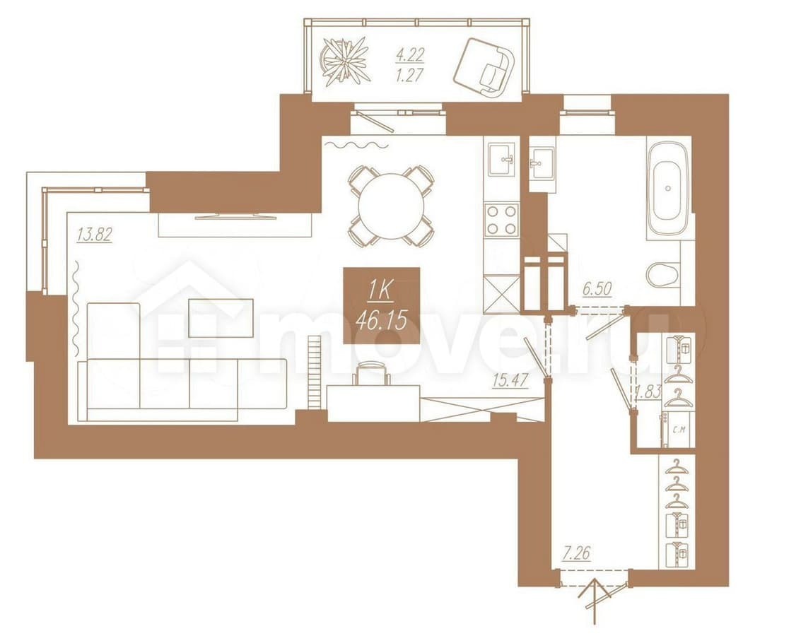 студия, 46.2 м²