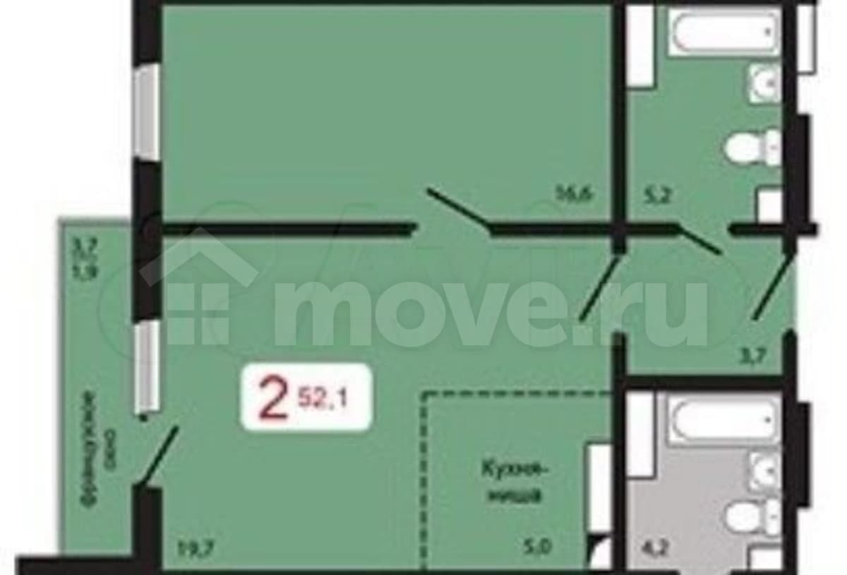 2-комн. квартира, 52.1 м²