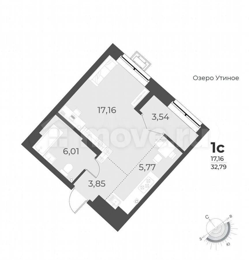 1-комн. квартира, 32.8 м²
