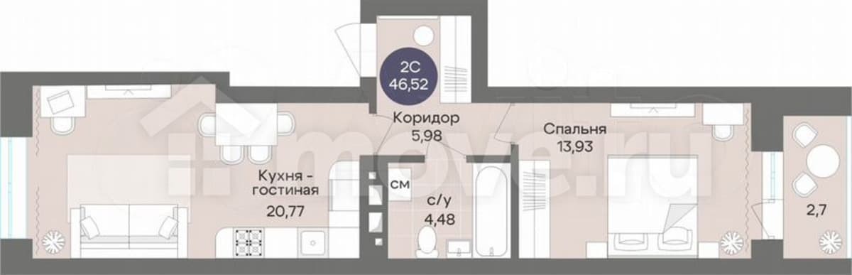 2-комн. квартира, 46.5 м²