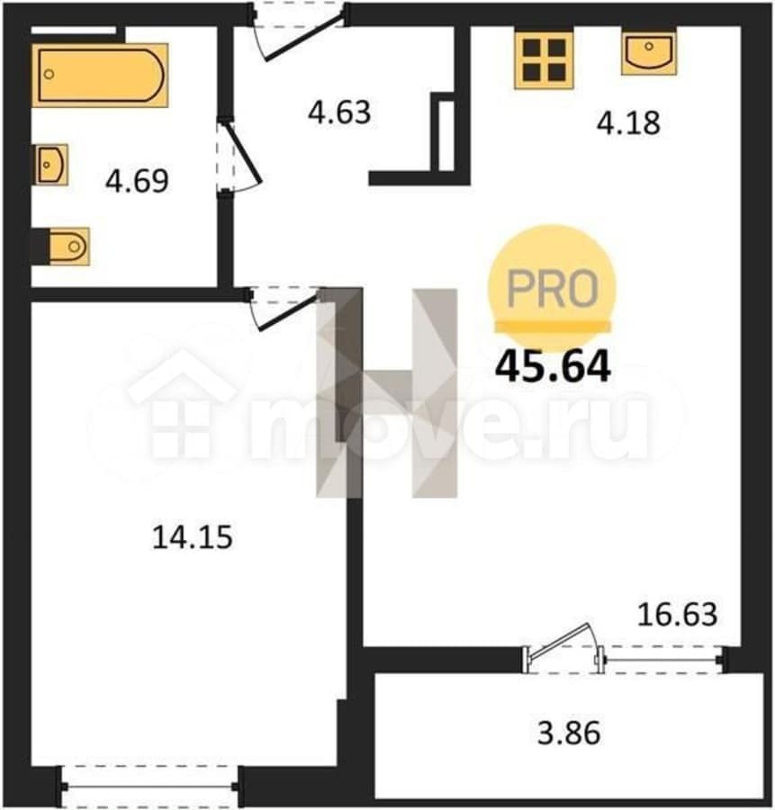 1-комн. квартира, 45.6 м²