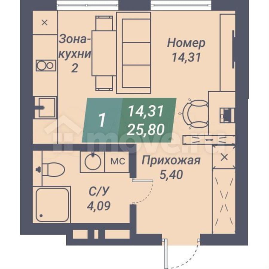 студия, 25.8 м²