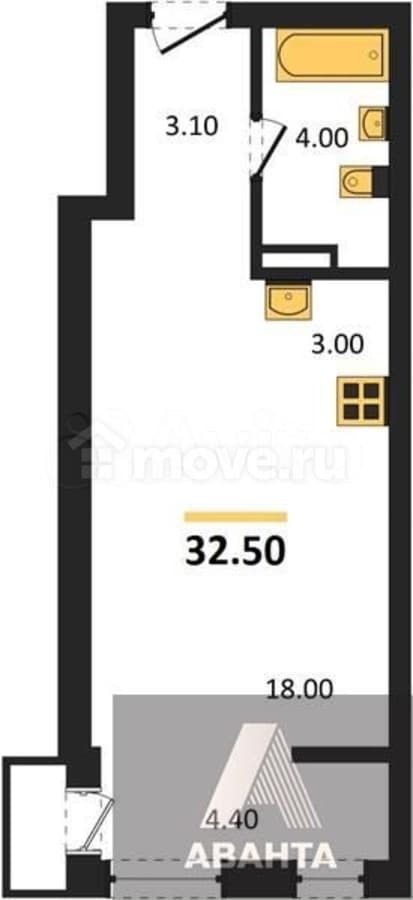 студия, 32.5 м²