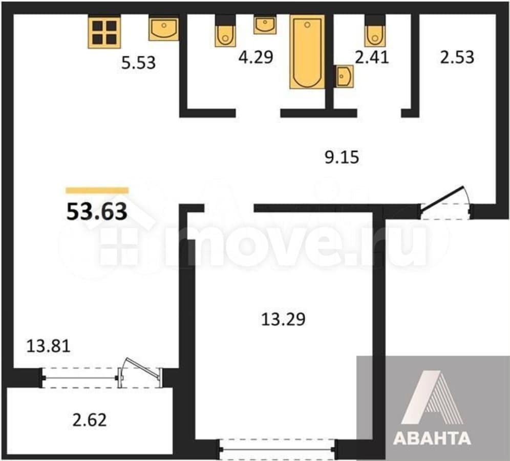 1-комн. квартира, 53.6 м²