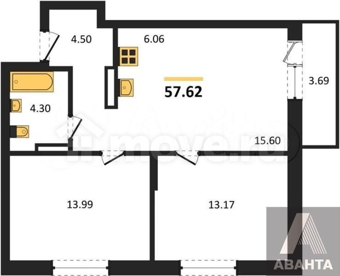 2-комн. квартира, 57.6 м²