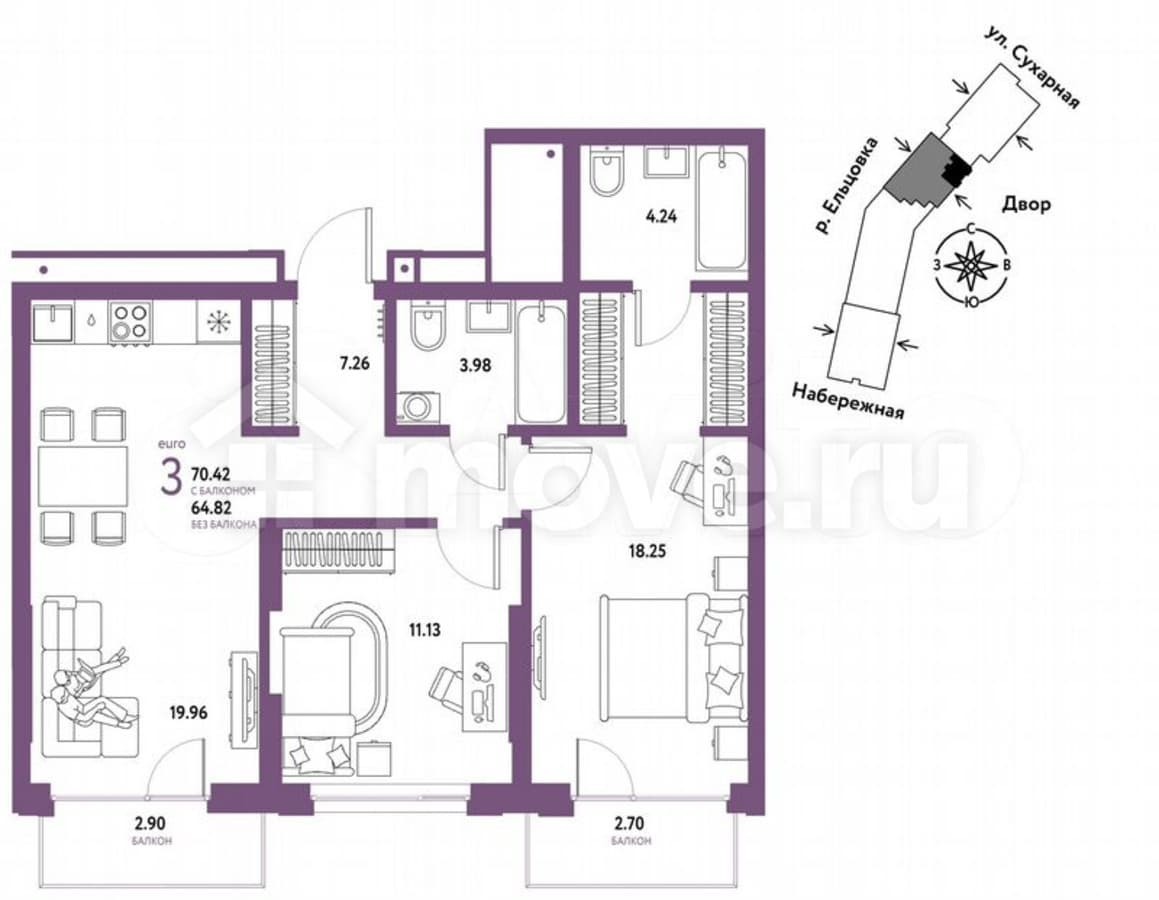 3-комн. квартира, 70.4 м²