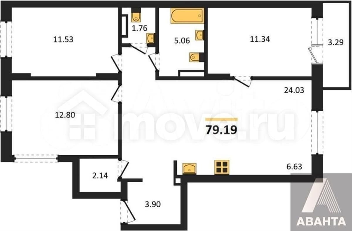 3-комн. квартира, 79.2 м²