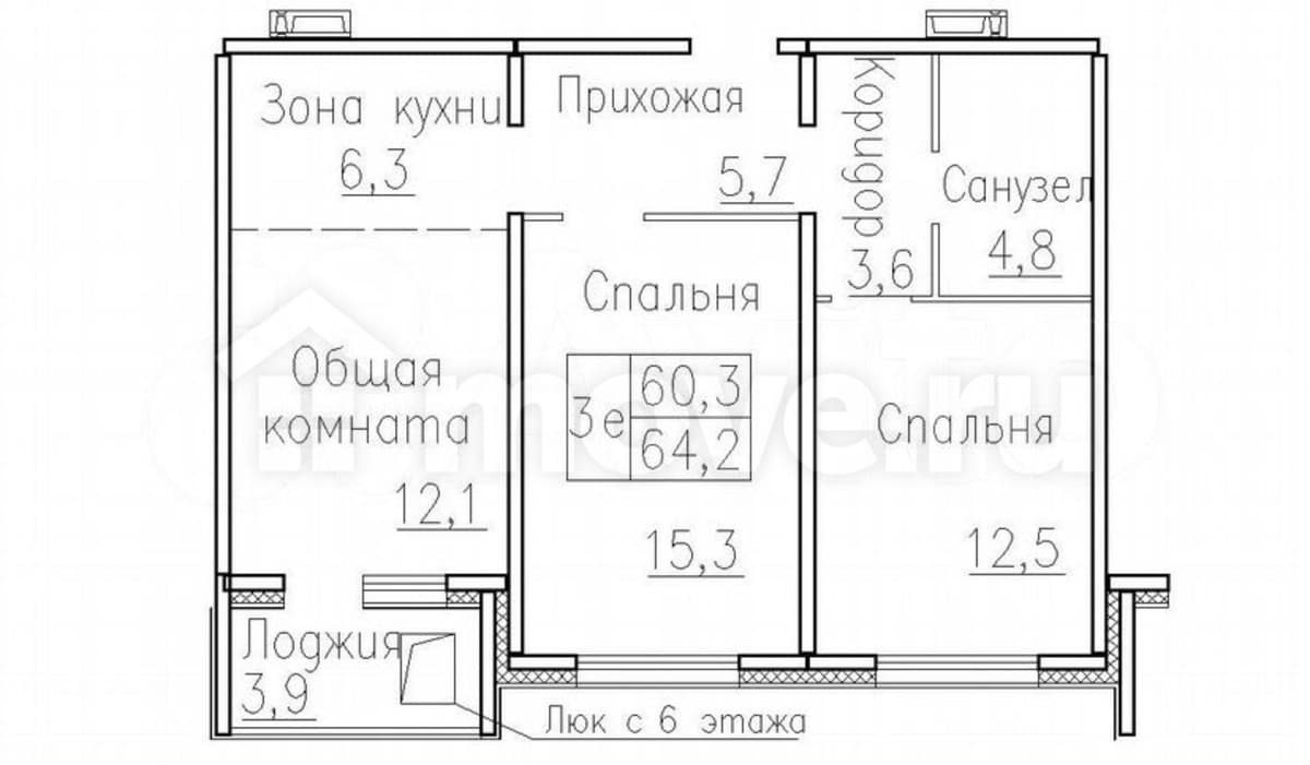 2-комн. квартира, 64.2 м²