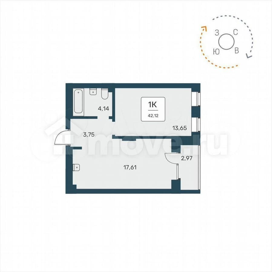1-комн. квартира, 42.1 м²