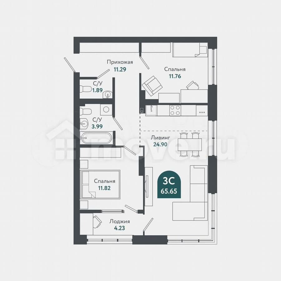 2-комн. квартира, 65.7 м²