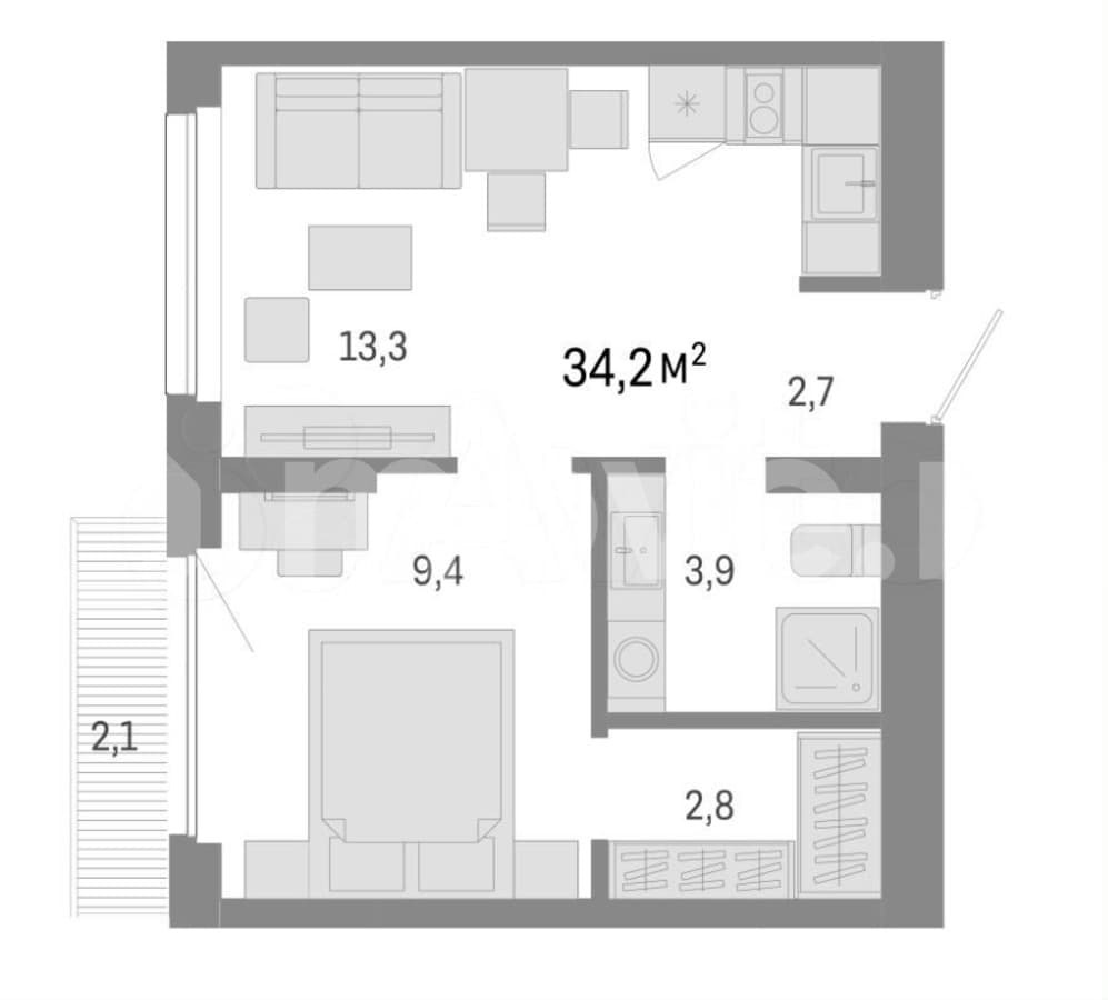2-комн. пентхаус, 34.2 м²