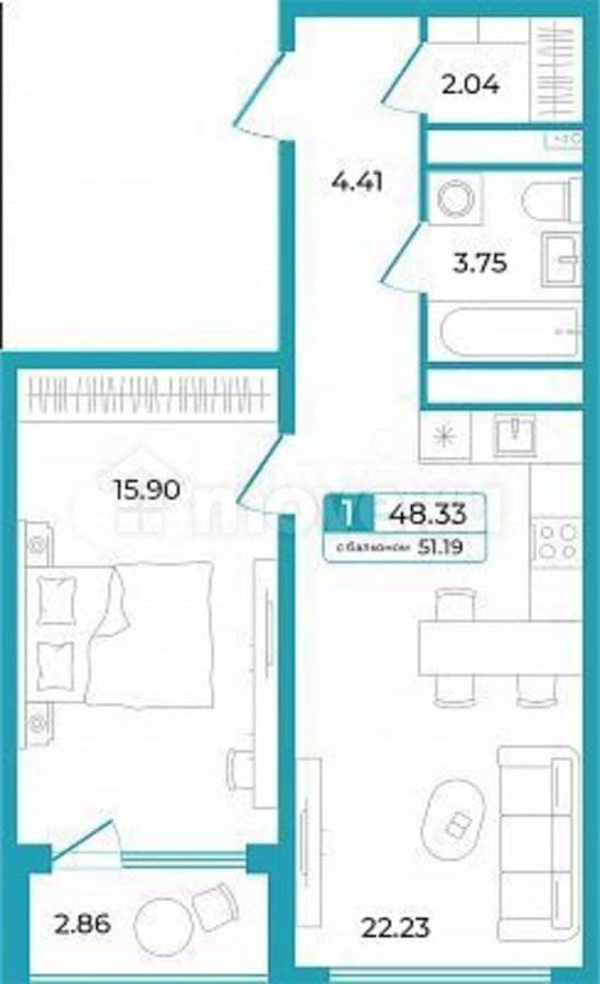1-комн. квартира, 51.2 м²