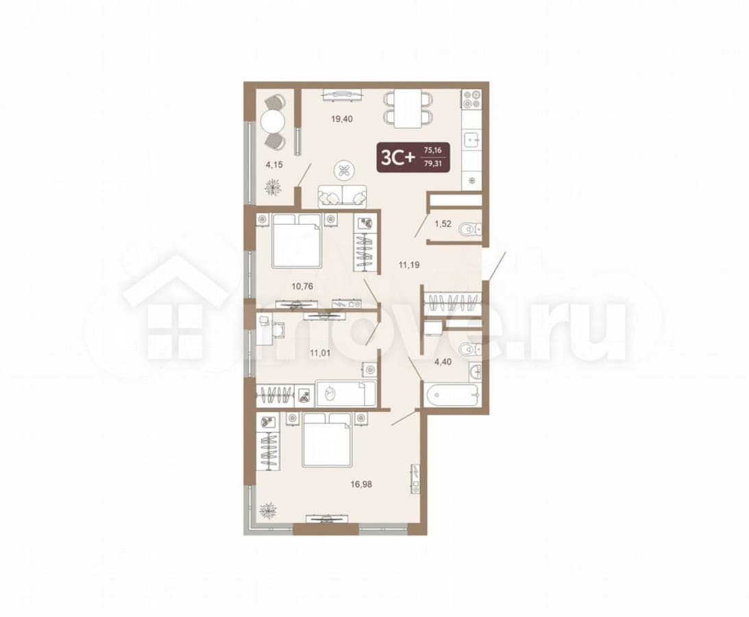 3-комн. квартира, 79.3 м²