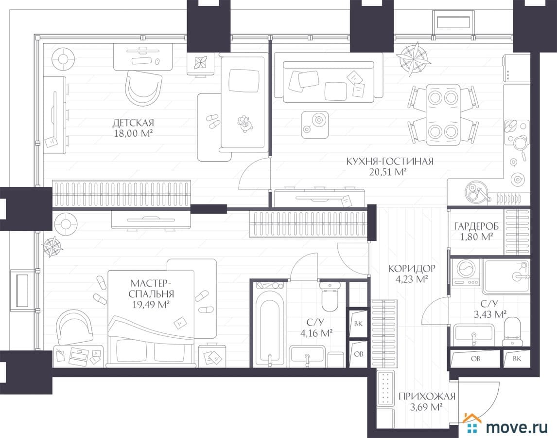 2-комн. квартира, 75.31 м²