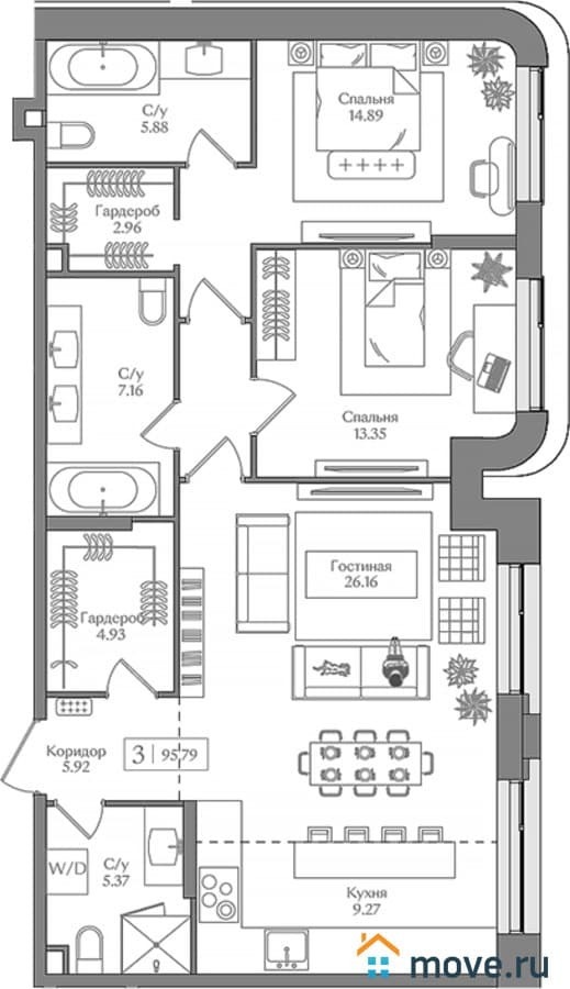 2-комн. квартира, 95.79 м²