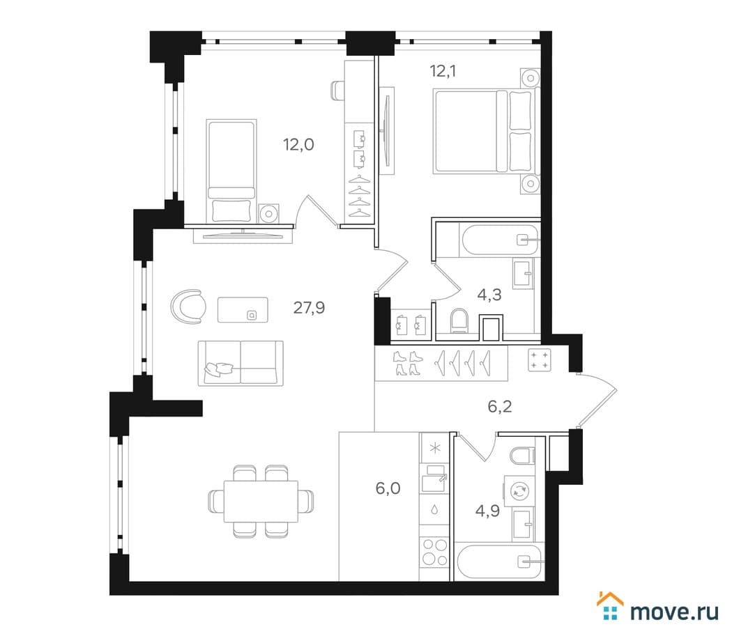 2-комн. квартира, 73.4 м²