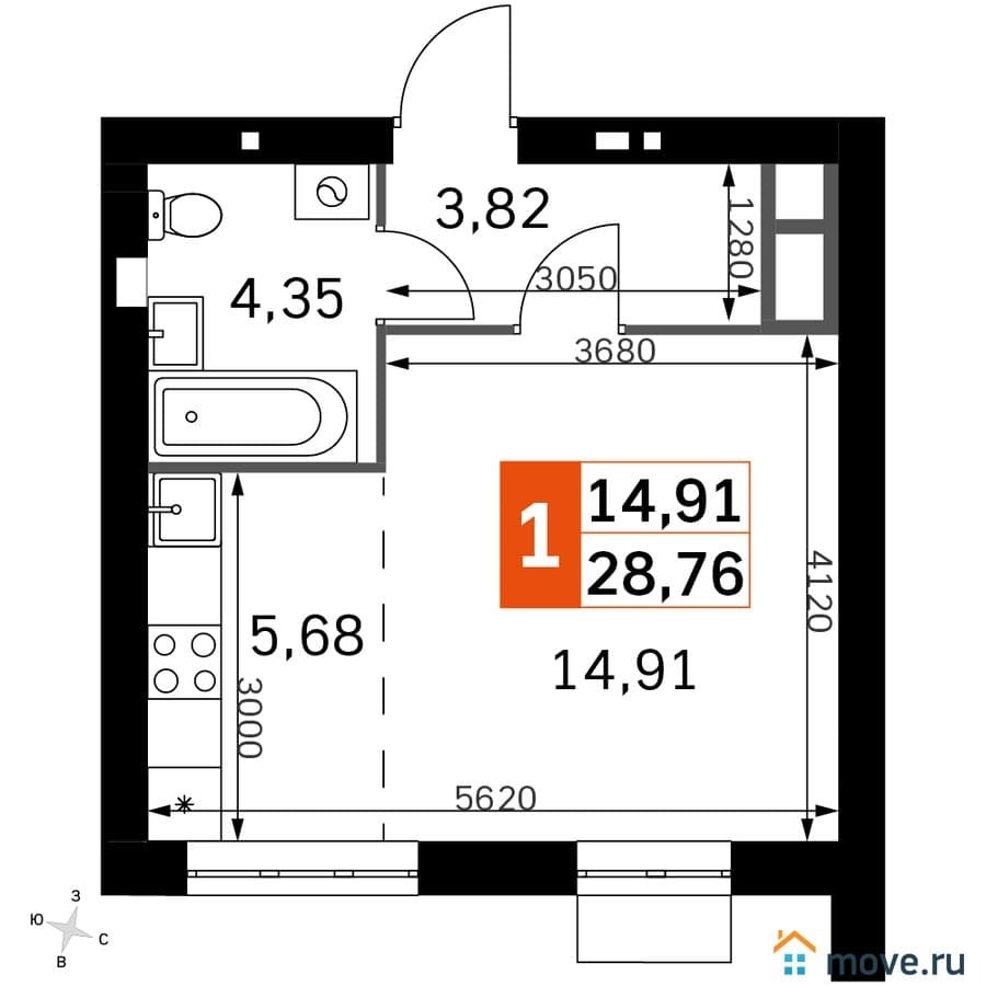 студия, 28.76 м²