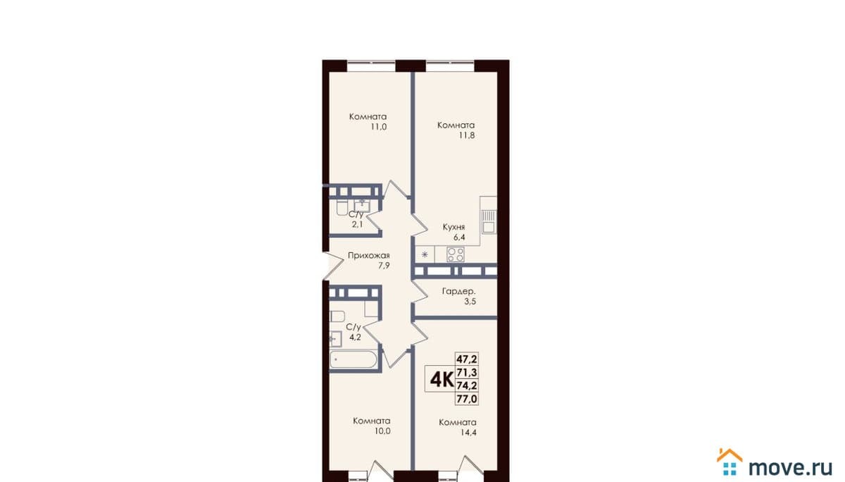 4-комн. квартира, 74.2 м²