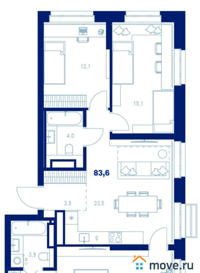3-комн. квартира, 83.6 м²