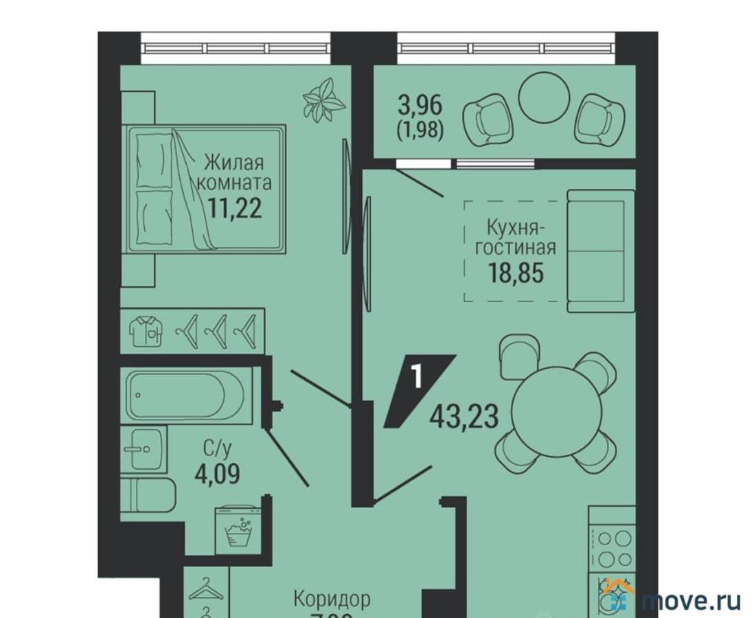 1-комн. квартира, 43.23 м²