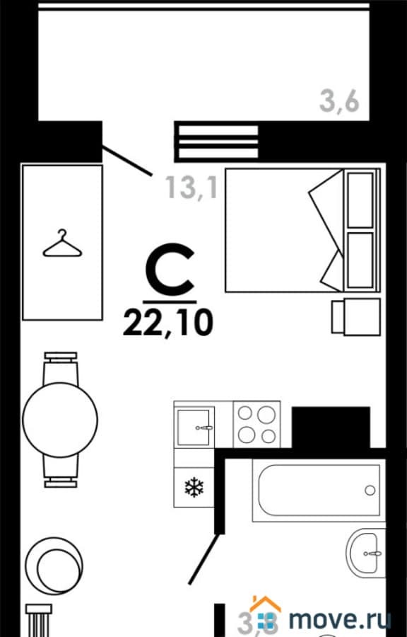студия, 22.1 м²
