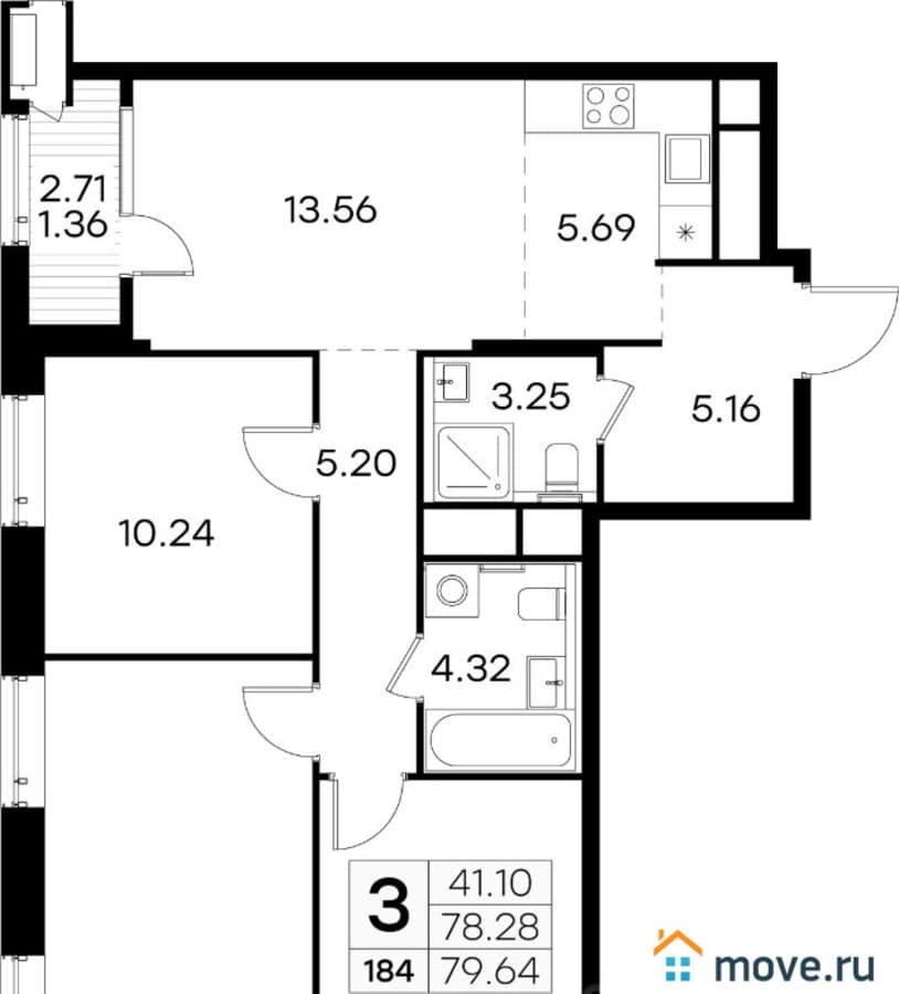 3-комн. квартира, 79.64 м²