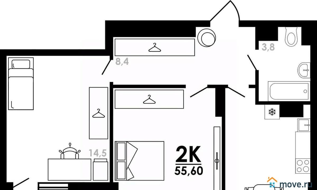 2-комн. квартира, 55.6 м²