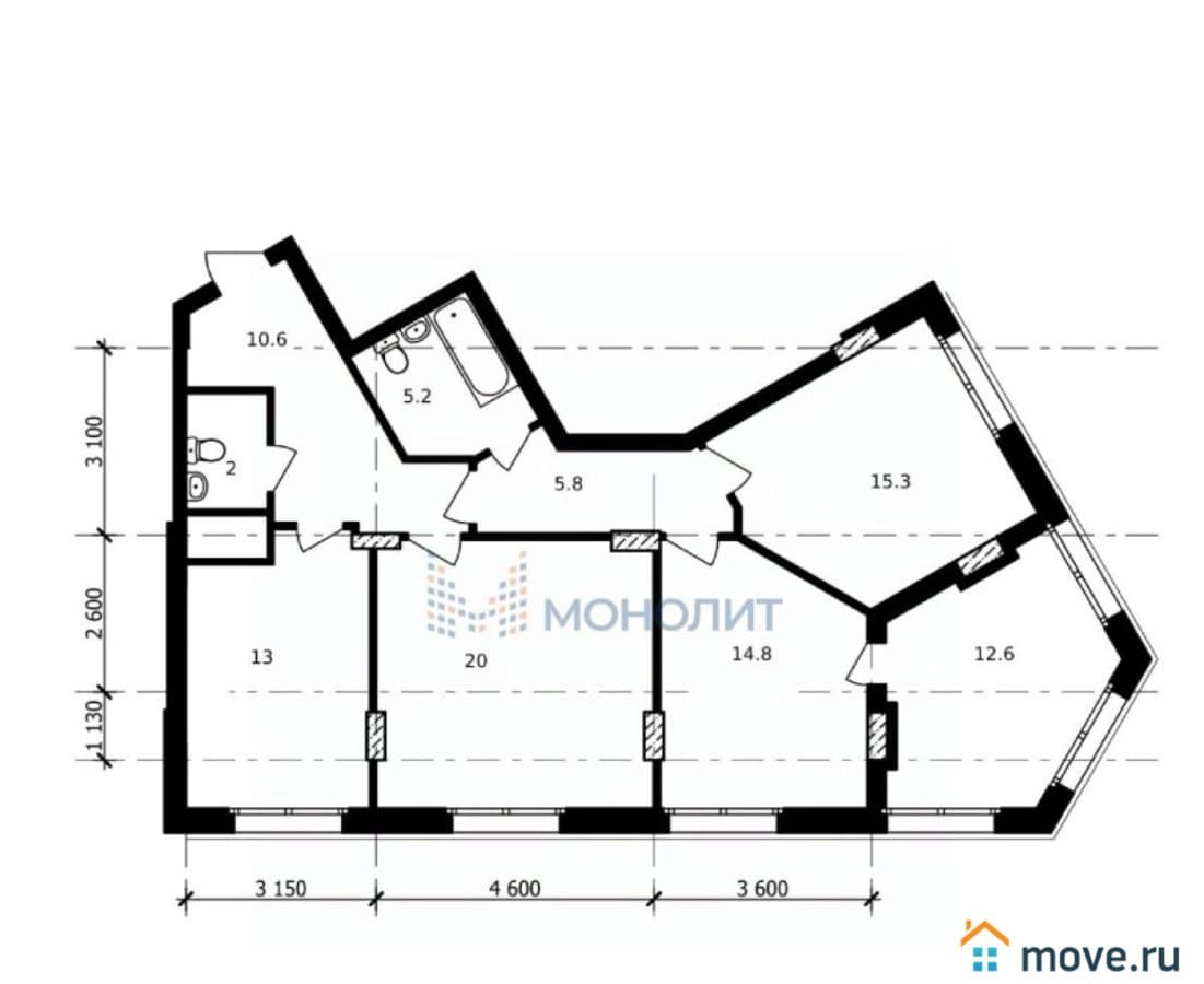 3-комн. квартира, 98.1 м²