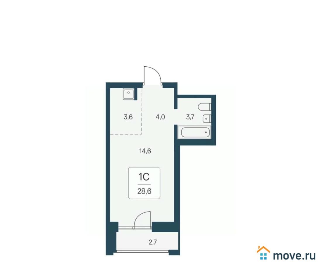студия, 28.6 м²
