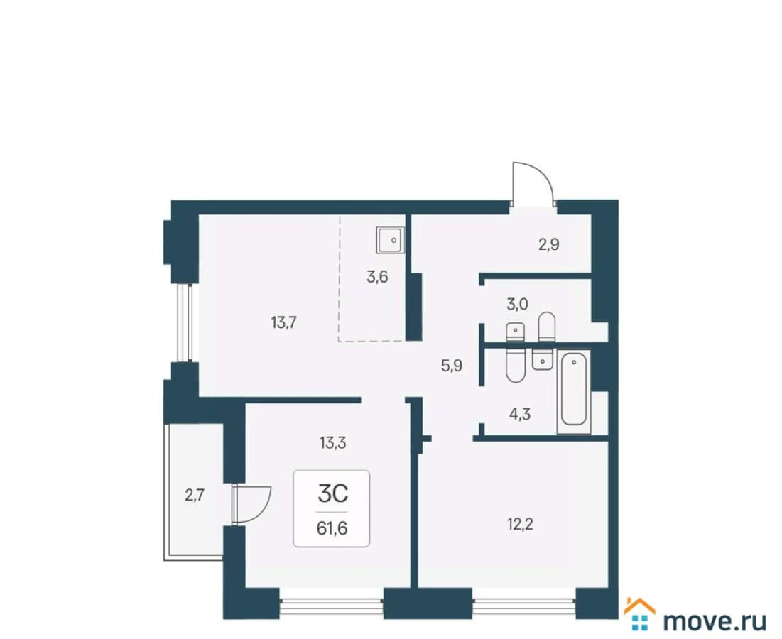 3-комн. квартира, 61.6 м²