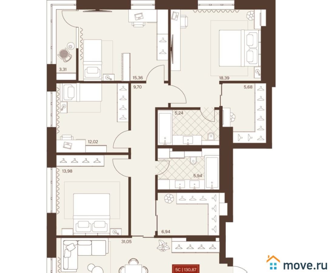 5-комн. квартира, 130.87 м²