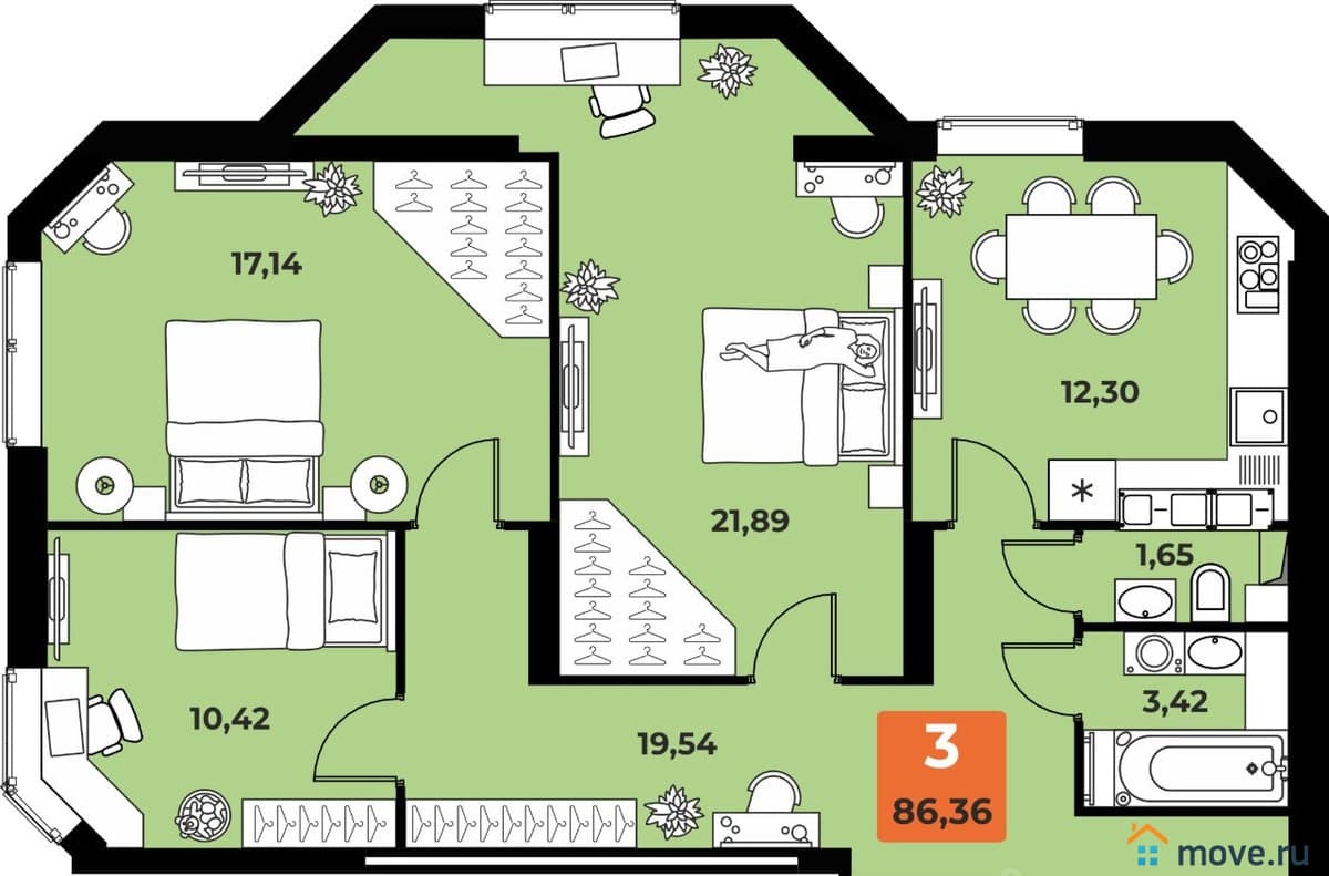 3-комн. квартира, 86.36 м²