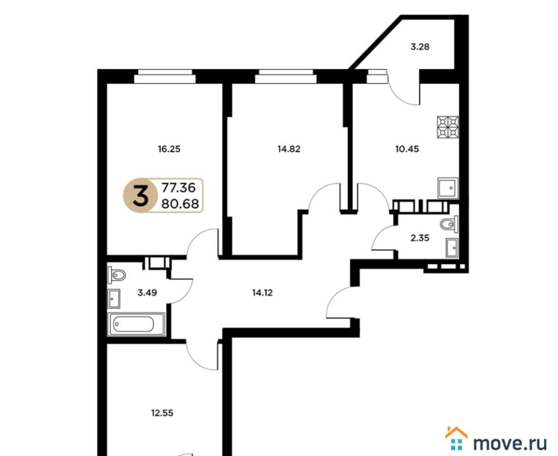 3-комн. квартира, 77.36 м²