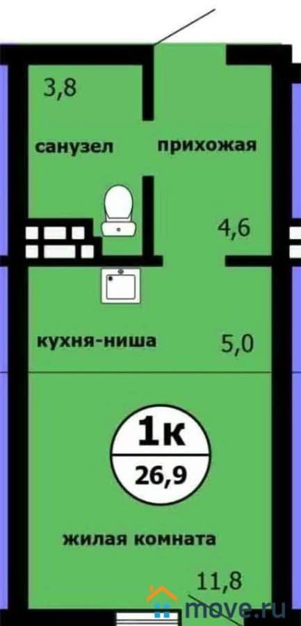 студия, 26.9 м²