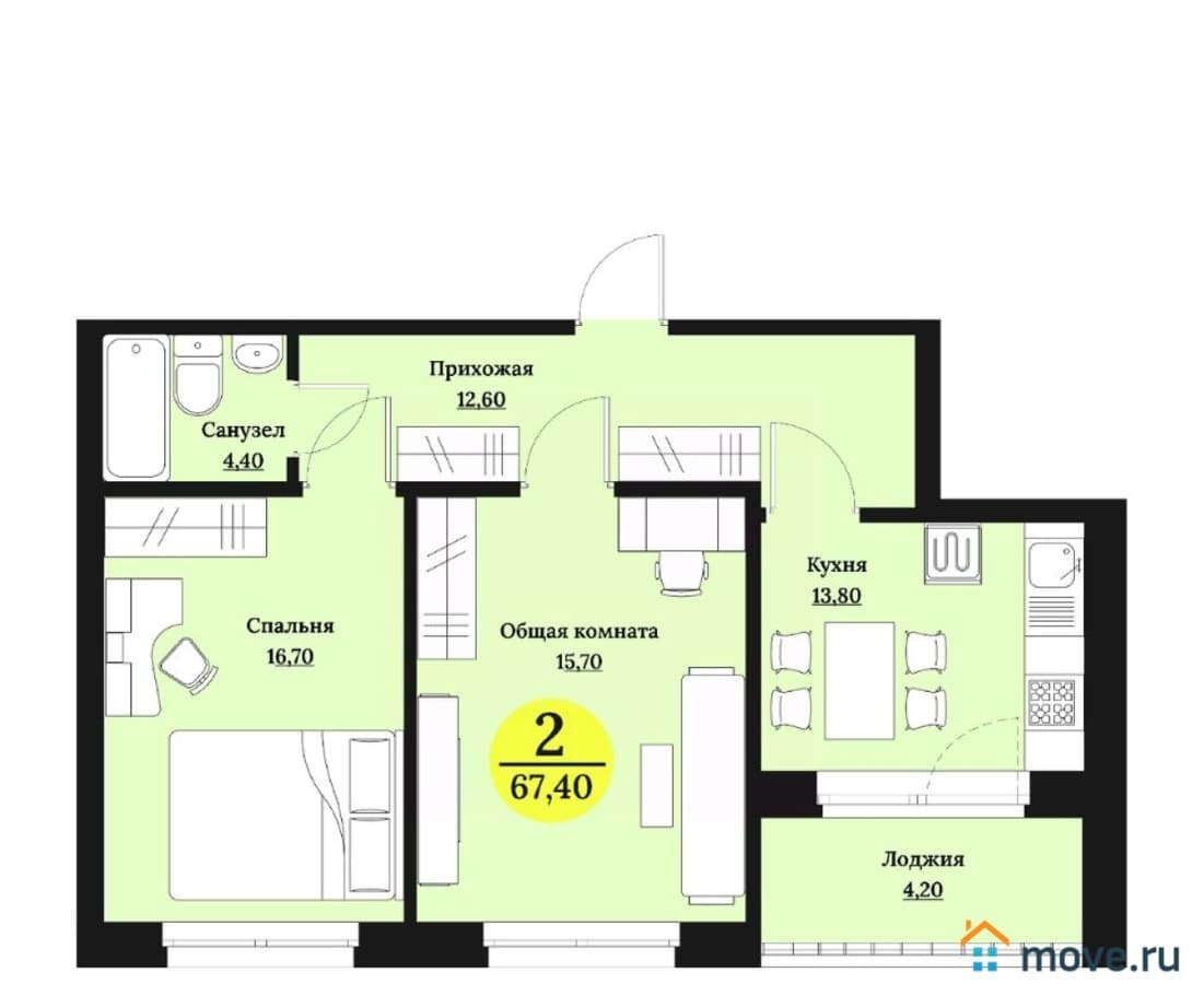 2-комн. квартира, 67.4 м²