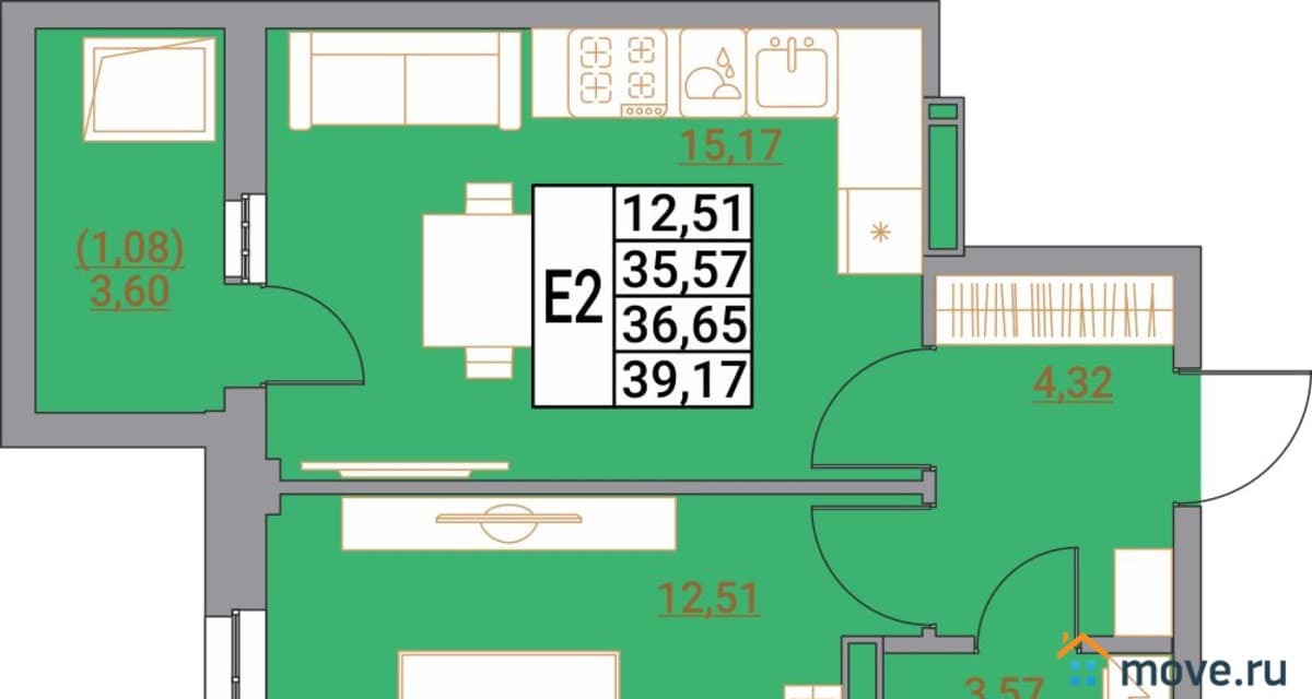1-комн. квартира, 39.17 м²