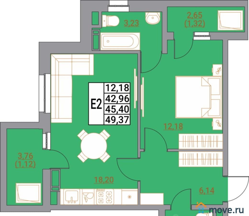 1-комн. квартира, 49.37 м²
