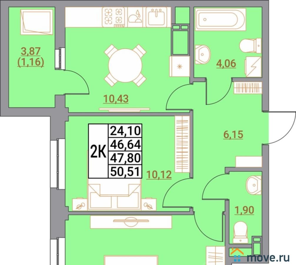 2-комн. квартира, 50.51 м²